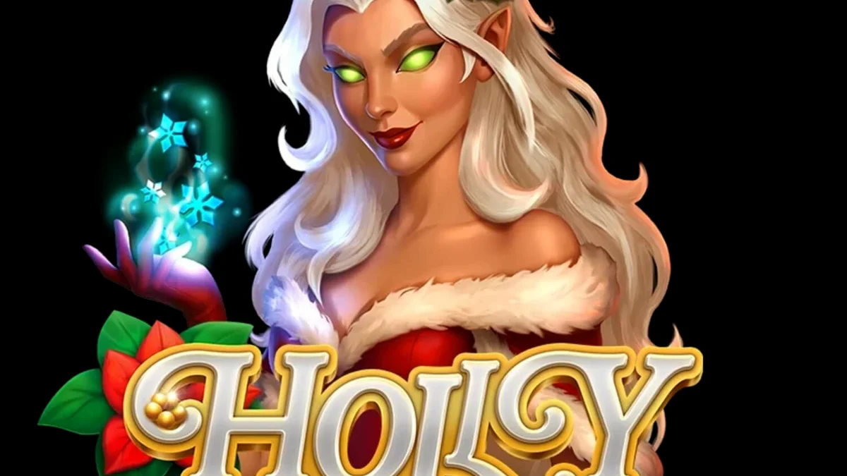 Cena festiva e aconchegante do jogo de slot Holly com luzes de natal e símbolos temáticos.