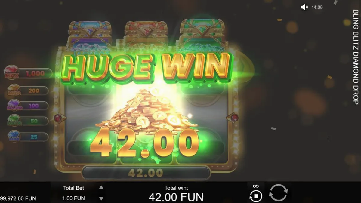 Interface do slot Bling Blitz Diamond Drop com símbolos de diamantes e moedas