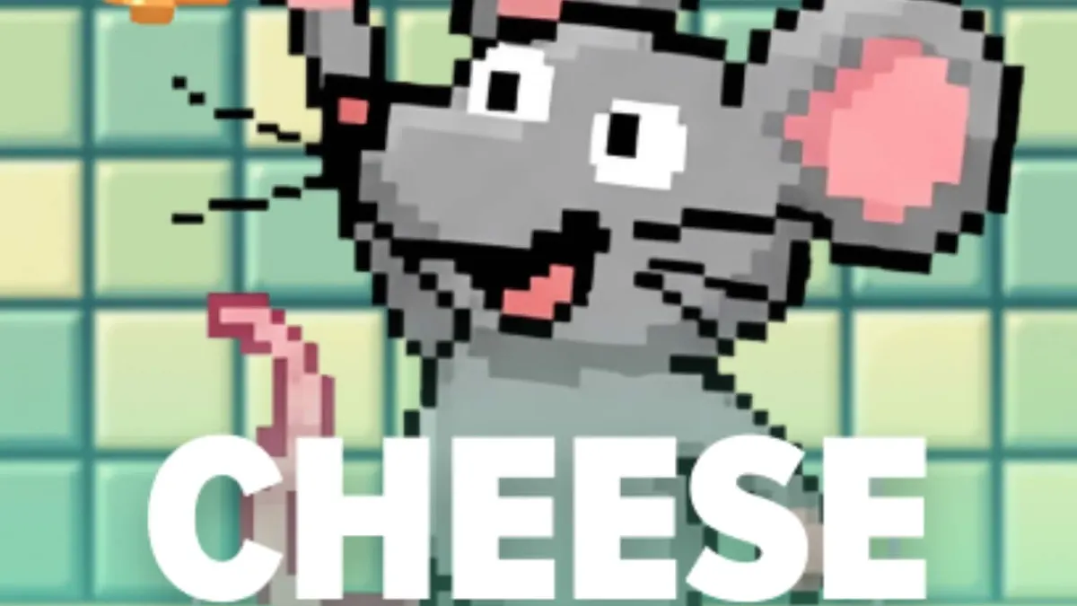 Interface do jogo Cheese Chase com o rato e as ratoeiras no chão da cozinha